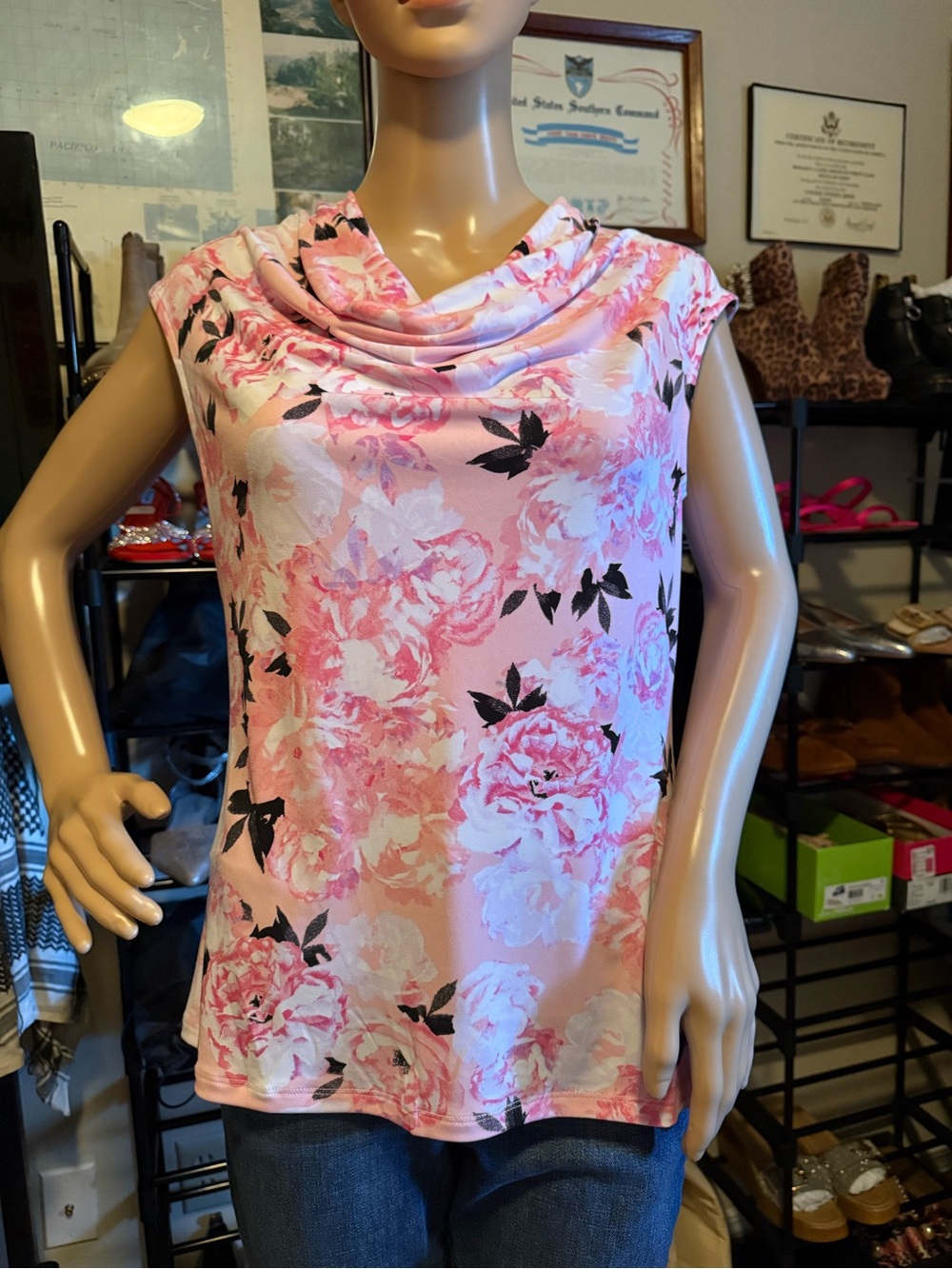 Kasper Pink Floral Cowl Neck Sleeveless Top